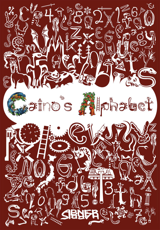 The front of the hardcover book featuring the title "Caino's Alphabet" in a central white speech-bubble shape. The "C" is an intricate blue-and-green bird composition, while the "A" is a lush apple tree. Surrounding the title is a dense, high-contrast red field filled with white silhouettes of varied icons including a tank, a unicorn, gears, a skeleton, and a revolver.