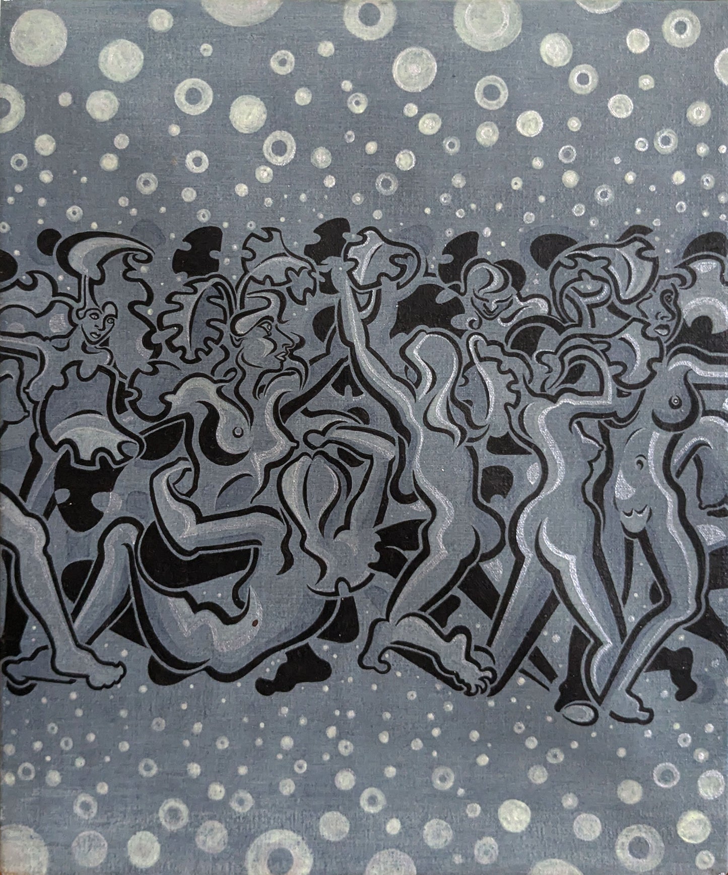A starlit night reveals a forest of female forms, forest spirits or nymphs they are pictured here with smooth calligraphic line and dense composition