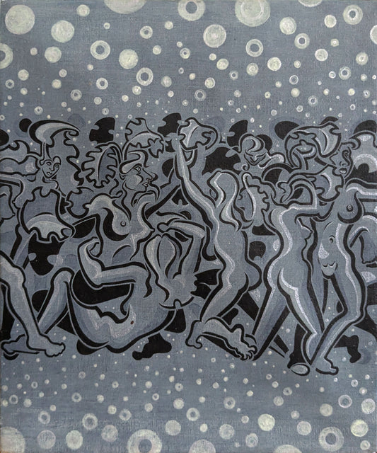 A starlit night reveals a forest of female forms, forest spirits or nymphs they are pictured here with smooth calligraphic line and dense composition