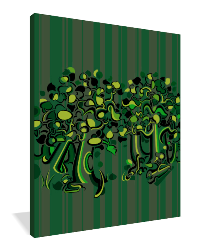 Abner Harris - Dark Trees - A 3/4 perspective view of the museum-quality Giclée canvas print. This angle highlights the archival canvas texture and the seamless wrap-around of the bold, green botanical patterns. Perfect for adding a touch of graphic surrealism to modern office or home interiors.