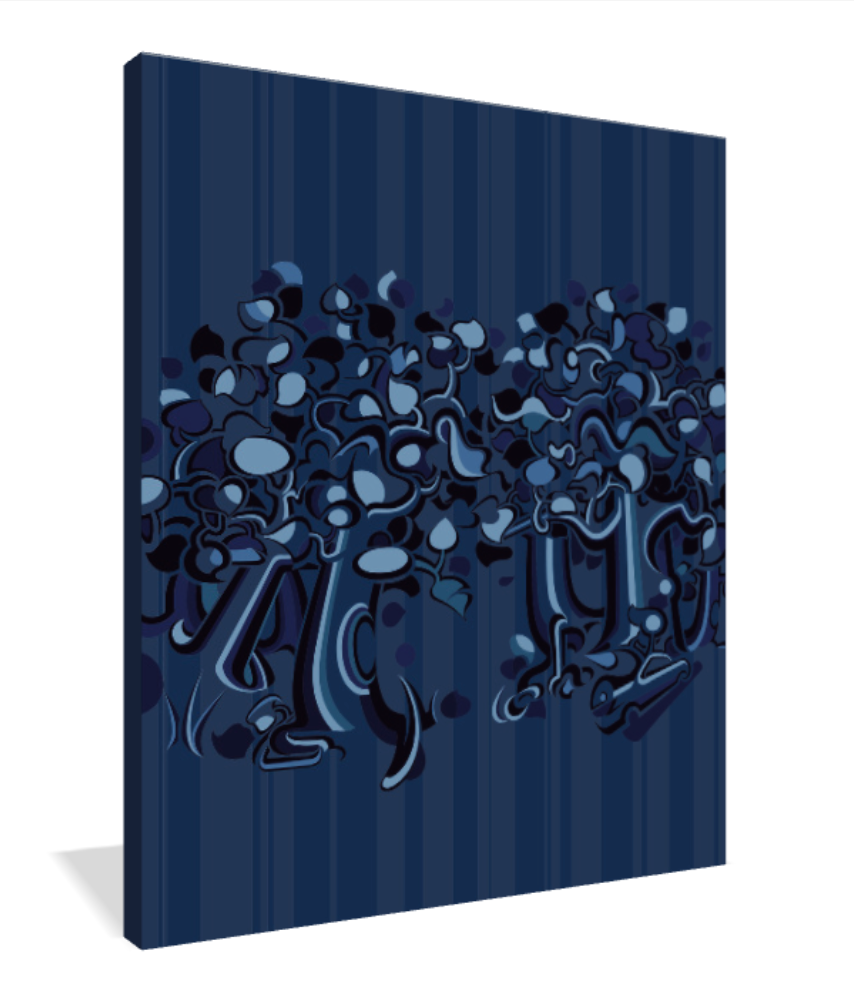 Abner Harris - Dark Trees - A 3/4 perspective view of the museum-quality Giclée canvas print. This angle highlights the intricate, interlocking blue shapes and the archival canvas texture. The wrap-around design emphasizes the deep, cool tones and the modern graphic line work of this nocturnal forest illustration.