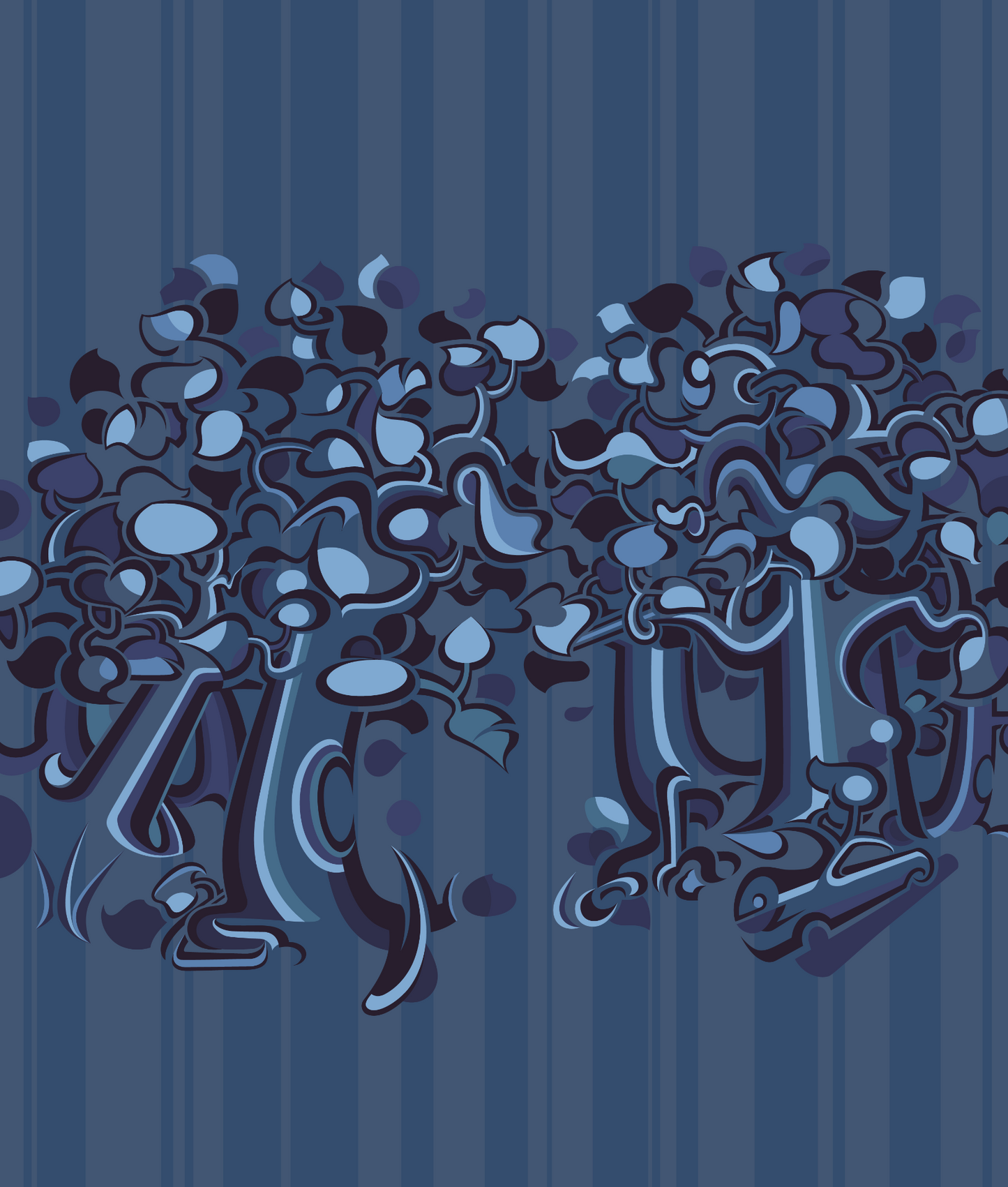Abner Harris - Dark Trees - A rhythmic, horizontal arrangement of stylized, abstract trees and dense foliage. The artwork features a moody, monochromatic palette of navy, indigo, and slate blue set against a subtle pinstripe background. Available as a high-definition acrylic glass print or a durable vinyl decal with a sophisticated, gothic edge.