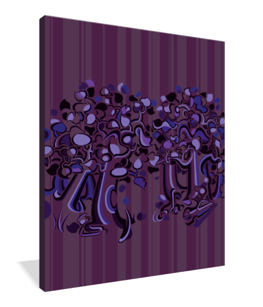 Abner Harris - Dark Trees (Mauve) - A 3/4 perspective view of the museum-grade Giclée canvas print. This angle highlights the rich, purple-toned pigments and the archival canvas texture. The design wraps elegantly around the edges, emphasizing the intricate graphic line work and the sophisticated, moody atmosphere of this abstract botanical illustration.