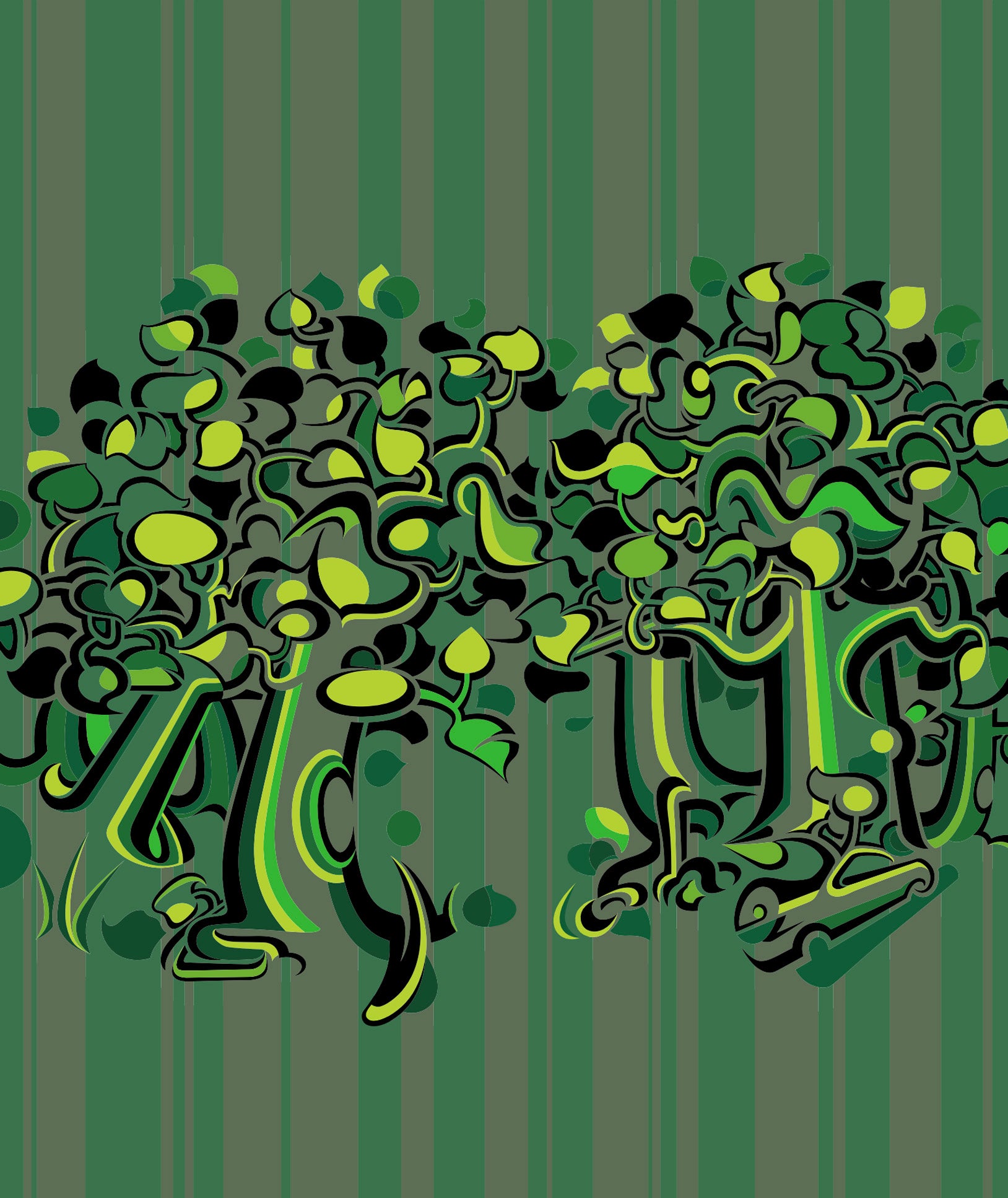Abner Harris - Dark Trees - A rhythmic, horizontal landscape of stylized, abstract trees with dense, interlocking leaves. The design features a vibrant, high-contrast palette of forest green, lime, and deep charcoal set against a muted green pinstripe background. Available as a durable vinyl decal or a sleek, modern acrylic glass print.