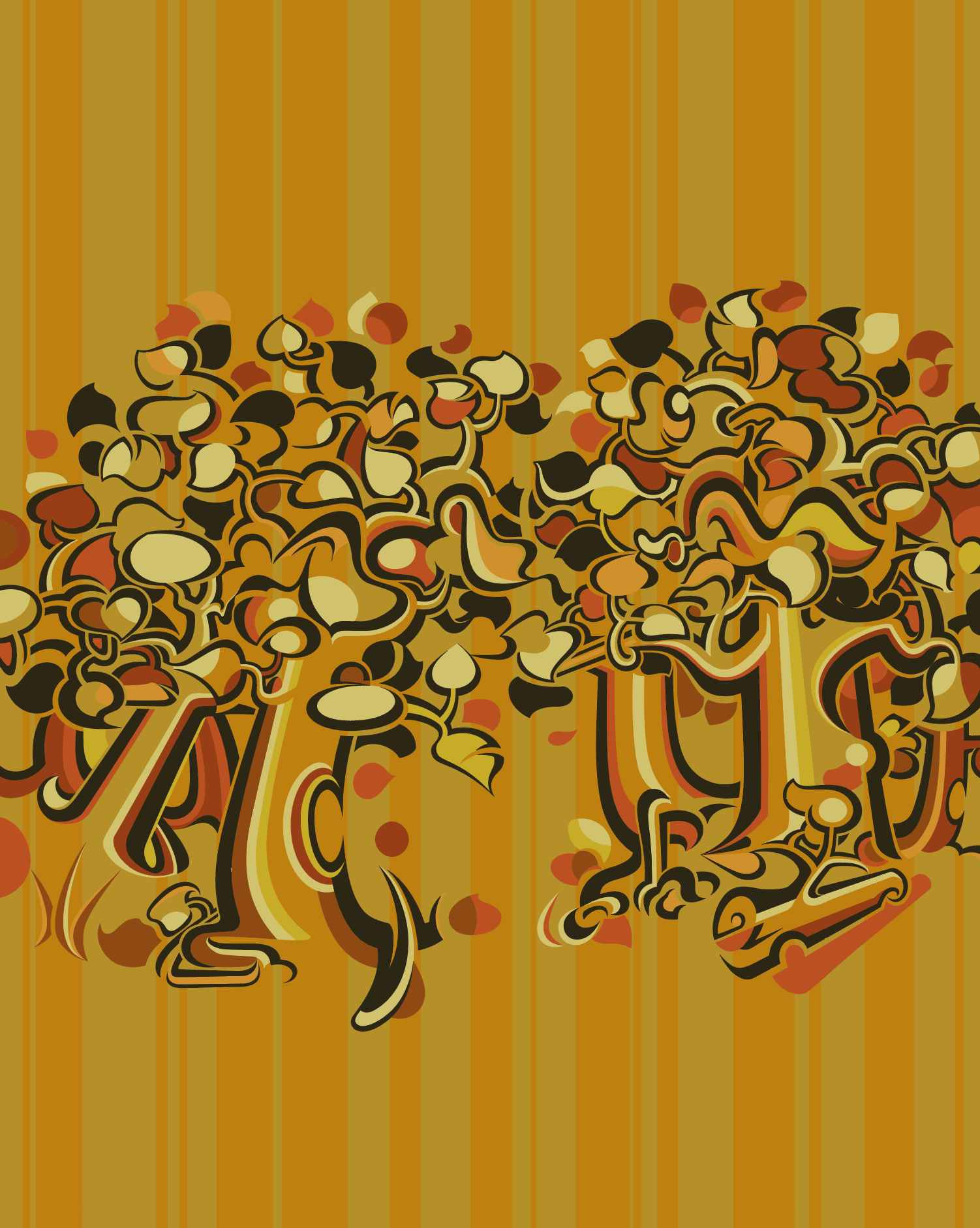 Abner Harris - Dark Trees - Earth-toned autumnal abstract with olive, rust, and gold organic shapes on an ochre striped background.