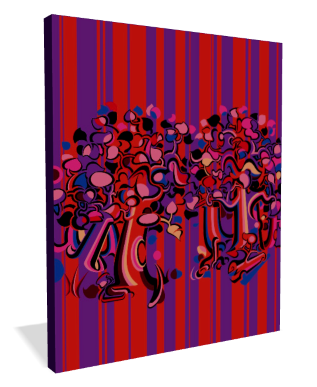 Vibrant psychedelic abstract painting by Abner Harris featuring fluid organic shapes, orange and purple vertical stripes, and bold black linework