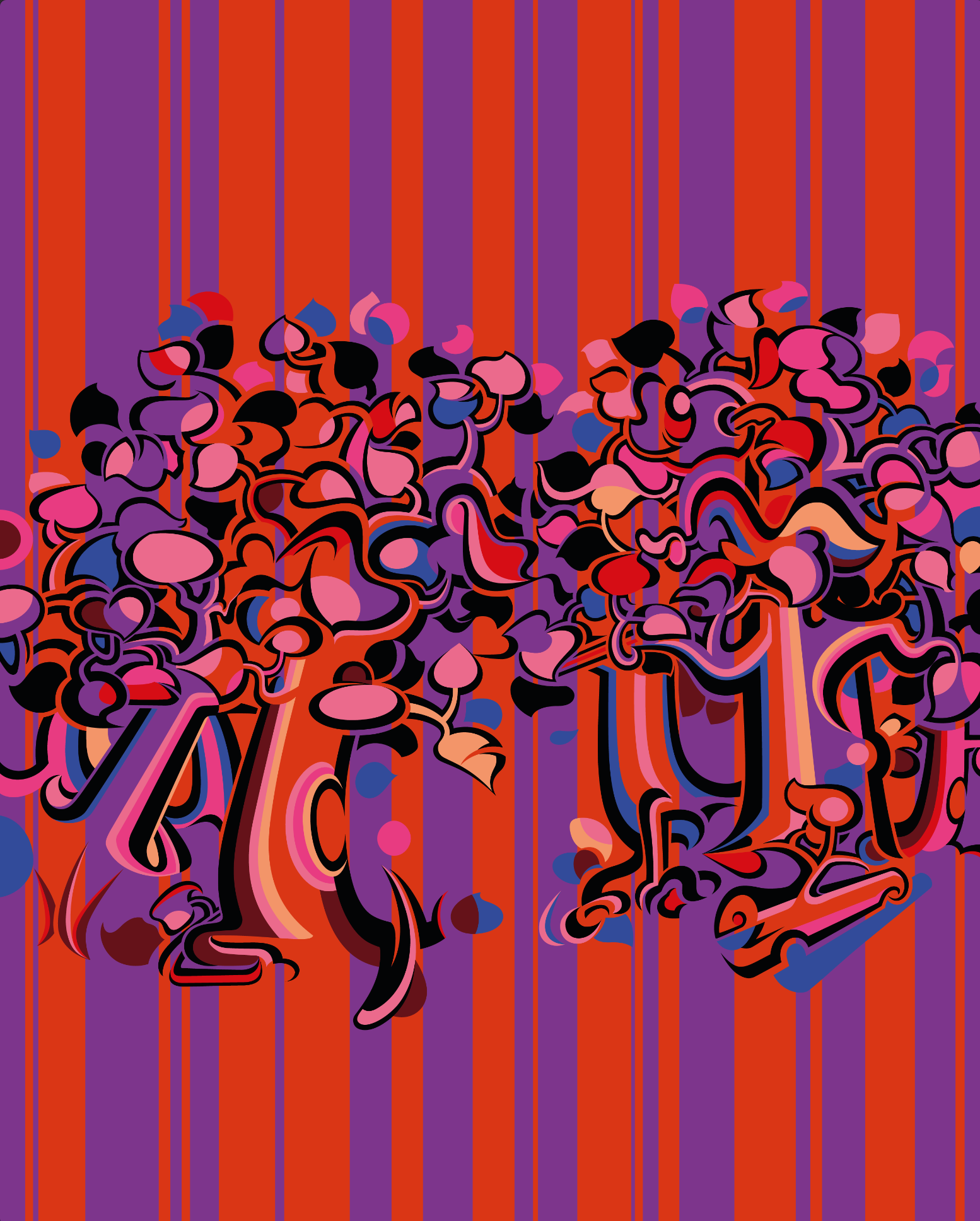 Vibrant psychedelic abstract painting by Abner Harris featuring fluid organic shapes, orange and purple vertical stripes, and bold black linework