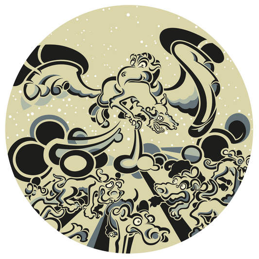 Abner Harris - Dog Bird - A circular vinyl sticker featuring a surreal, mythological scene where a winged canine figure soars above a landscape of expressive, stylized dogs. The design is rendered with bold, swirling lines in a classic cream, slate, and charcoal palette against a starlit sky. Available as a high-quality collectible decal.