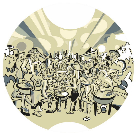 Abner Harris - Drinking - A circular vinyl sticker featuring a bustling, stylized bar scene filled with a variety of expressive characters. The illustration captures a Jazz Age energy with flowing, rhythmic lines in a sophisticated palette of cream, slate, and charcoal. Available as a high-quality collectible decal.