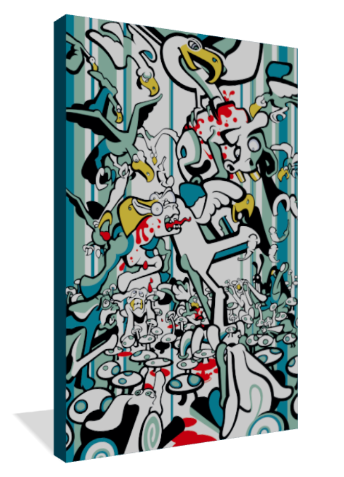 Abner Harris - Flock of Seagulls - A 3/4 perspective view of the museum-quality Giclée canvas print. This angle showcases the archival texture and the seamless wrap of the frantic, stylized avian design around the edges. The teal and red tones create a striking, modernist statement piece perfect for contemporary interior decor.