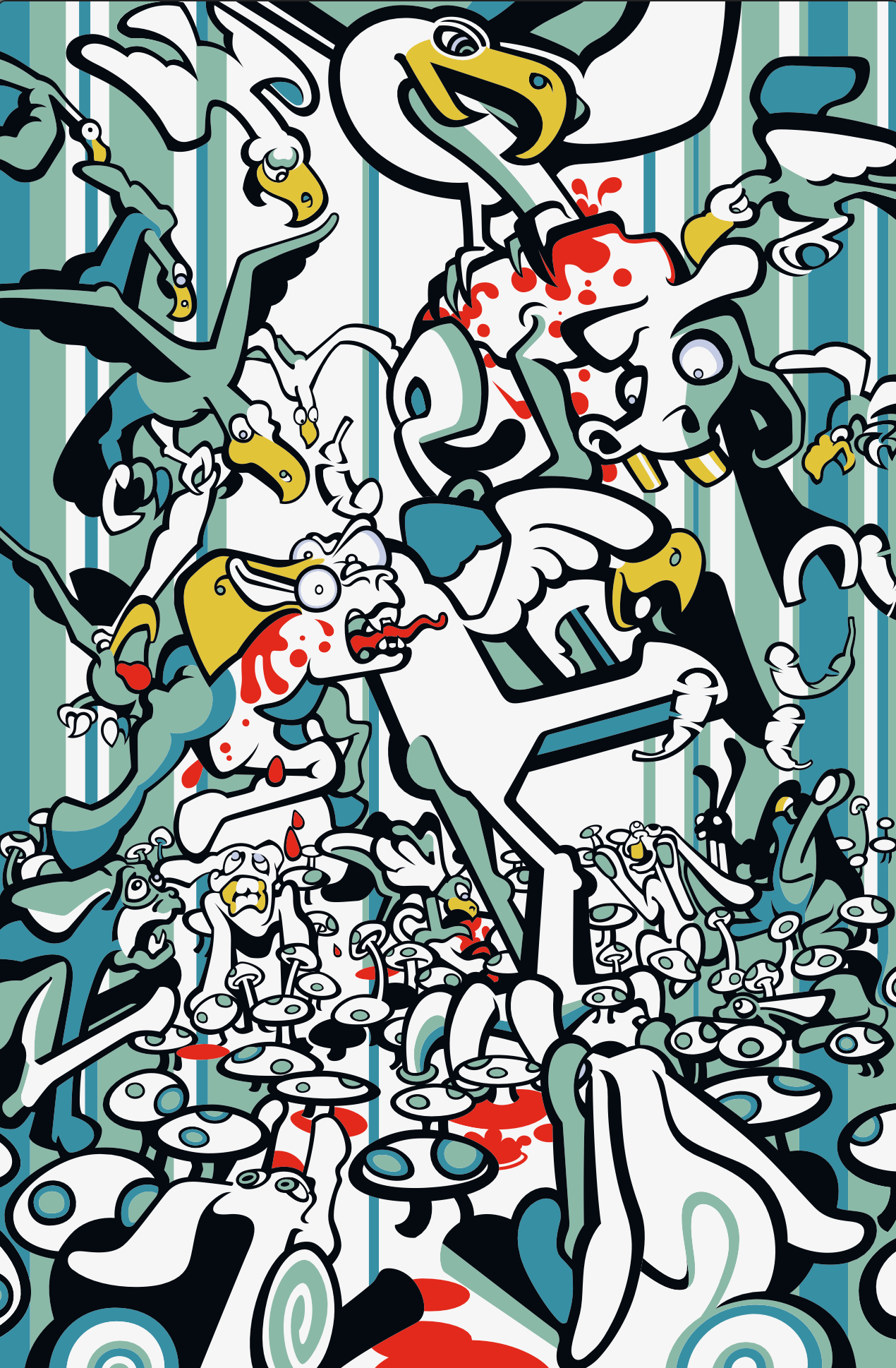 Abner Harris - Flock of Seagulls - A chaotic, high-energy illustration featuring a swarm of predatory, stylized seagulls. The artwork uses a bold palette of teal, white, and black with sharp red accents, set against a rhythmic teal and white pinstripe background. Available as a vibrant vinyl sticker or a sleek, modern acrylic glass print.