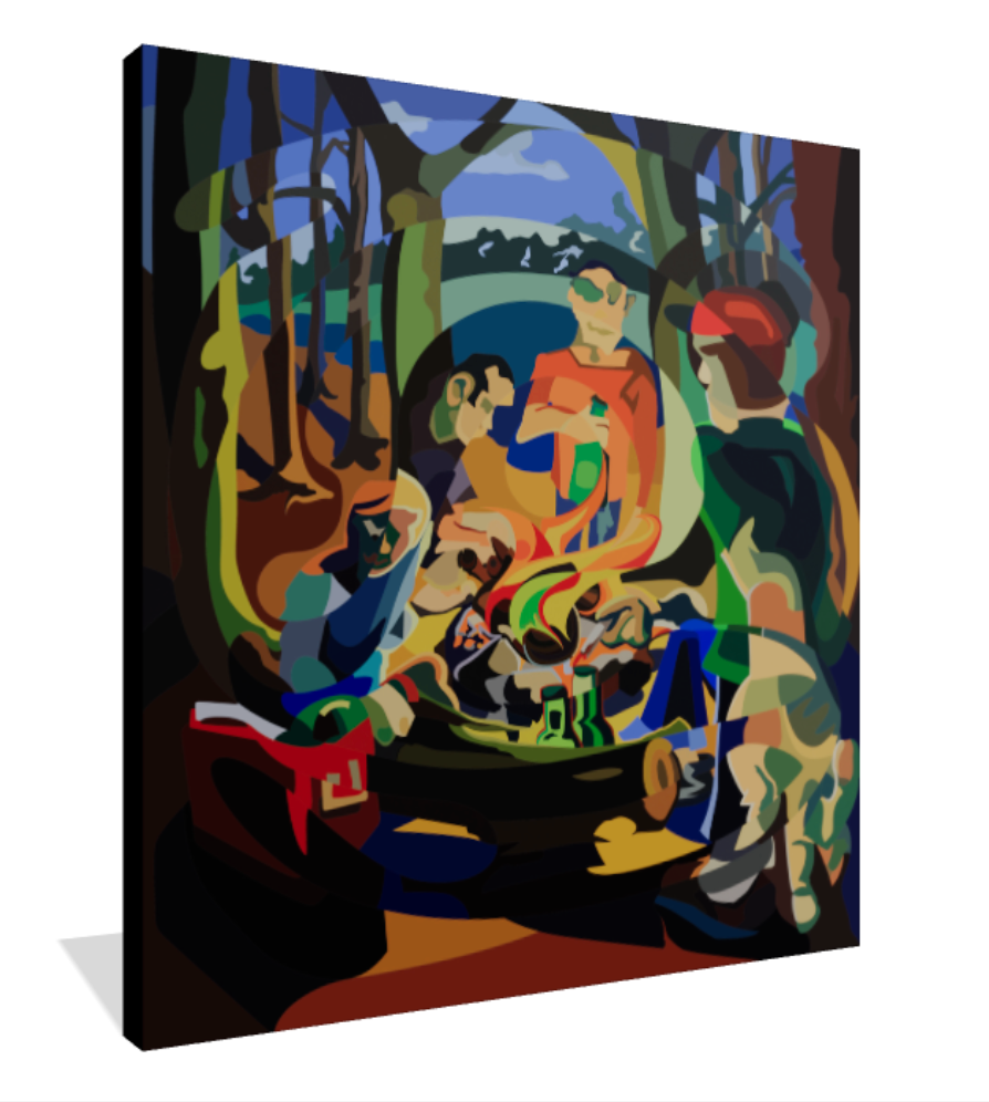 Abner Harris - Garbage Gut - A 3/4 perspective view of the museum-quality Giclée canvas print, highlighting the rich, multi-layered colors and the texture of the archival canvas. This angle showcases the wrap-around edges of the abstract campfire narrative, perfect for collectors of modern expressionist and narrative-driven art.