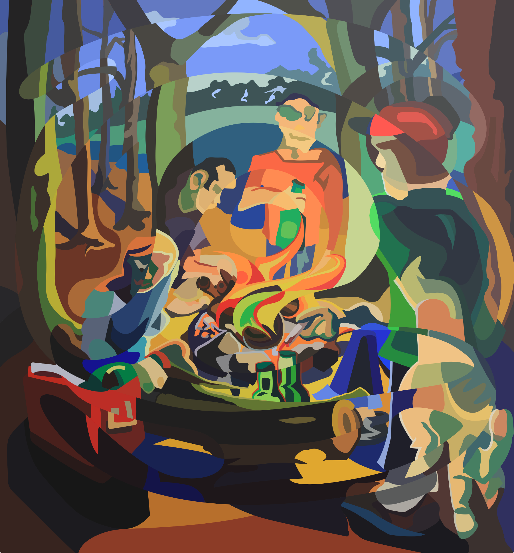 Abner Harris - Garbage Gut - A complex, cubist-inspired illustration of figures gathered around a flickering campfire in a dark forest. The scene is fractured into bold, geometric planes of color, including earthy browns, vibrant oranges, and cool blues. Available as a high-definition acrylic glass print or a durable, artistic vinyl sticker.