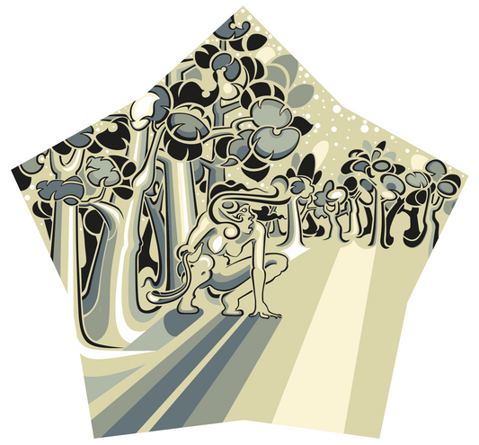 Abner Harris - Girl with a Sling - A pentagonal vinyl sticker featuring a stylized female figure in a crouched, predatory stance within a dense, graphic forest. The design uses high-contrast shadows, rhythmic tree forms, and a sophisticated palette of cream, slate, and charcoal. Available as a high-quality collectible decal.