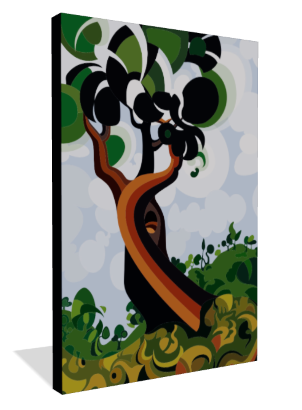 Abner Harris - Gold Tree - A 3/4 perspective view of the Giclée canvas print, showcasing the archival texture and the clean wrap-around edges of the modernist tree illustration. This view highlights the rich, saturated greens and metallic-toned trunk, perfect for contemporary nature-themed gallery walls.