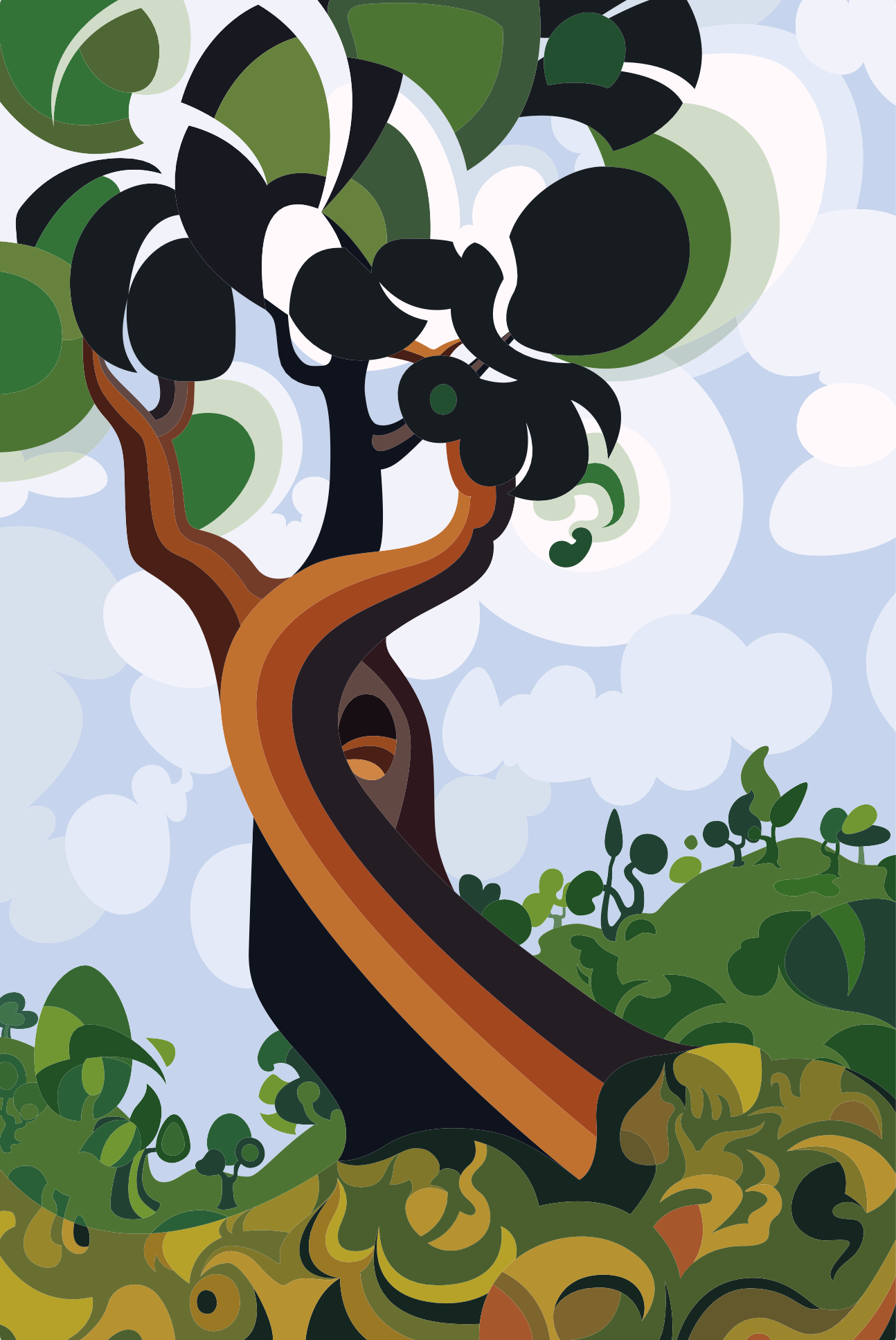 Abner Harris - Gold Tree - A vibrant, stylized landscape featuring a central tree with a spiraling trunk of gold, copper, and charcoal tones. The design uses bold, rhythmic curves and a lush palette of forest greens against a soft, clouded sky. Available as a premium vinyl sticker or high-gloss acrylic glass wall art.