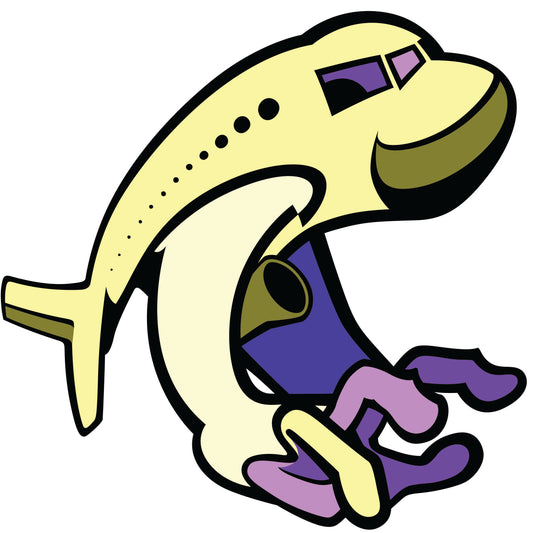Abner Harris - Grabby Plane - Surrealist vinyl sticker featuring a stylized, anthropomorphic cream-colored airplane with purple and lavender hand-like landing gear.