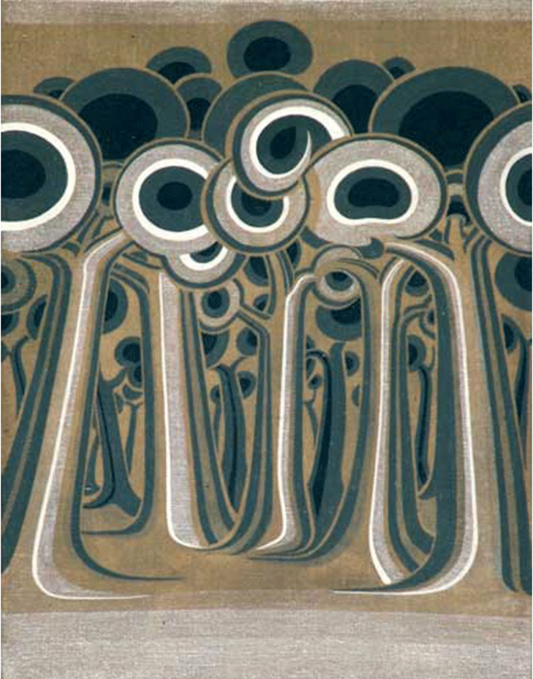 Abner Harris - Grey Trees - An original acrylic painting on stretched linen featuring a dense, stylized forest of interlocking trees. The composition uses a sophisticated, muted palette of slate grey, charcoal, and off-white against the natural tan of the linen substrate. The trees are rendered with sweeping, rhythmic trunks and spiraling, circular foliage that creates a hypnotic, geometric canopy. The visible weave of the linen adds a rich, organic texture to the modernist graphic design.