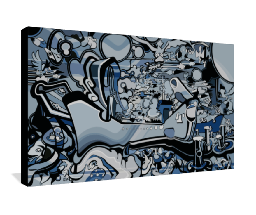 Abner Harris - Grey Yamamoto - A 3/4 perspective view of the museum-quality Giclée canvas print. This angle showcases the sharp, graphic line work and the archival texture of the canvas. The cool grey and blue tones wrap around the edges, highlighting the intricate, sci-fi inspired narrative and the premium build of the wall art.