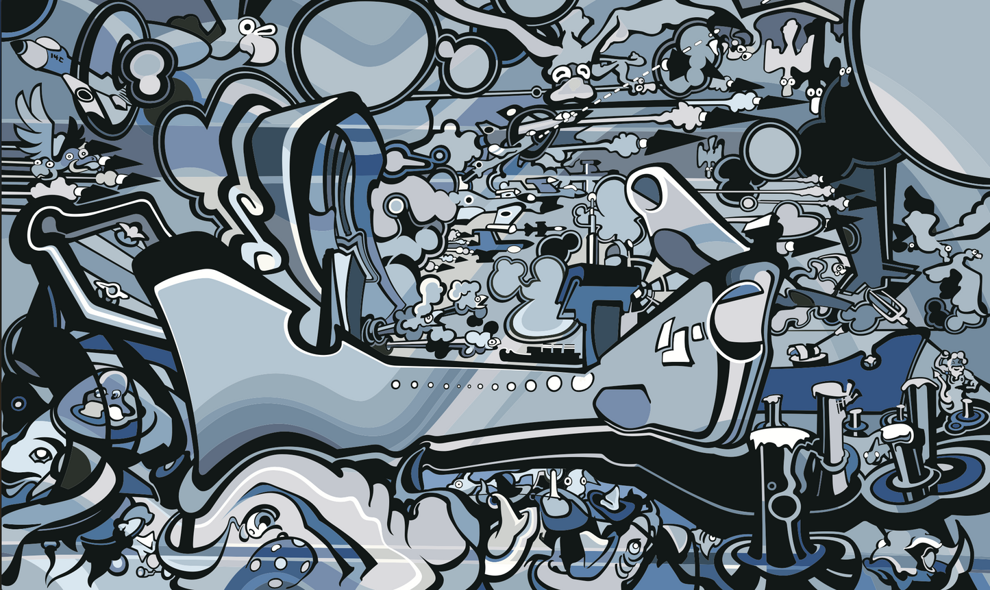 Abner Harris - Grey Yamamoto - A complex, cinematic illustration featuring a central stylized vessel amidst a whirlwind of abstract mechanical and organic shapes. The artwork uses a sophisticated, monochromatic palette of slate grey, powder blue, and deep charcoal. Available as a high-definition acrylic glass print or a durable, matte-finish vinyl sticker.