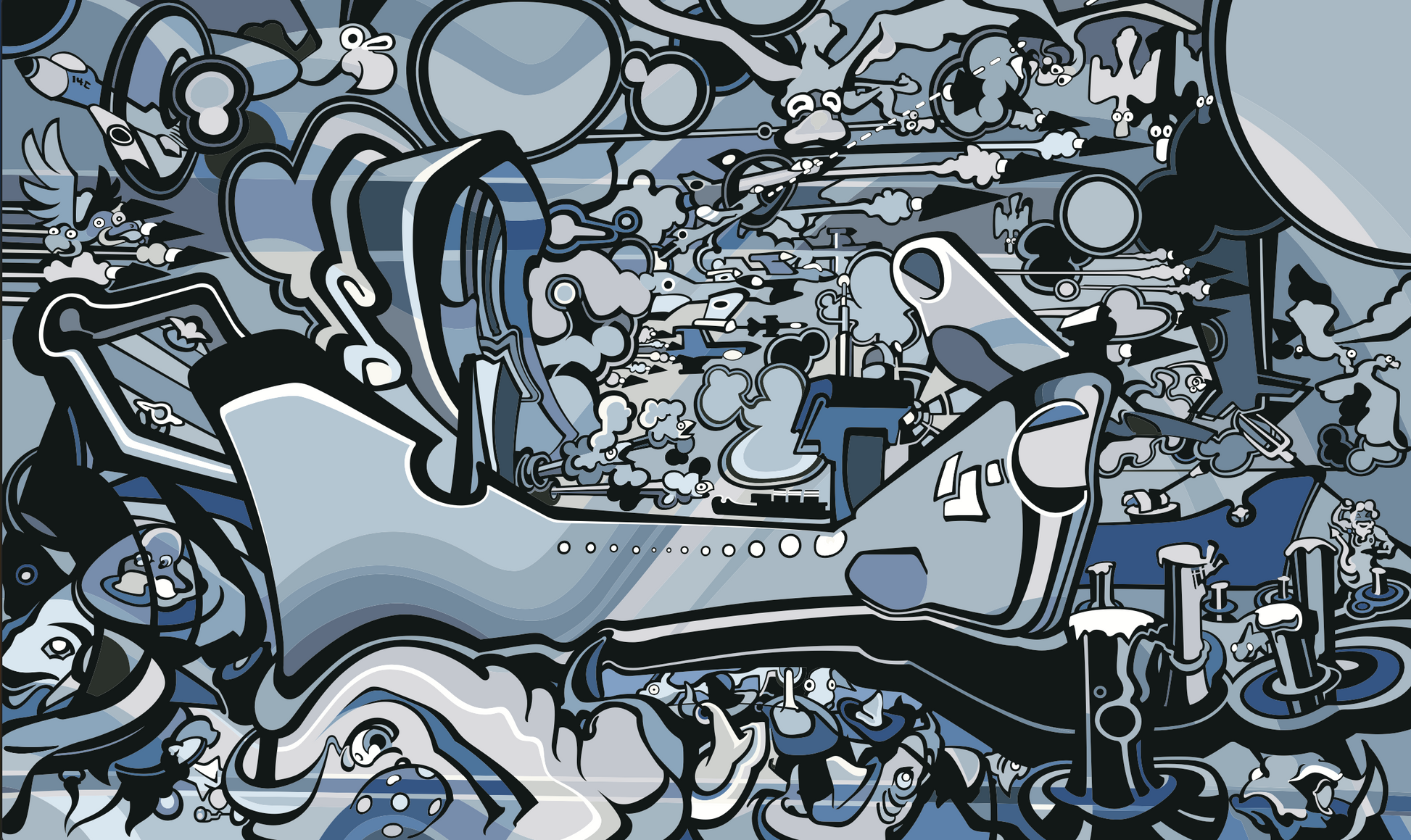 Abner Harris - Grey Yamamoto - A complex, cinematic illustration featuring a central stylized vessel amidst a whirlwind of abstract mechanical and organic shapes. The artwork uses a sophisticated, monochromatic palette of slate grey, powder blue, and deep charcoal. Available as a high-definition acrylic glass print or a durable, matte-finish vinyl sticker.