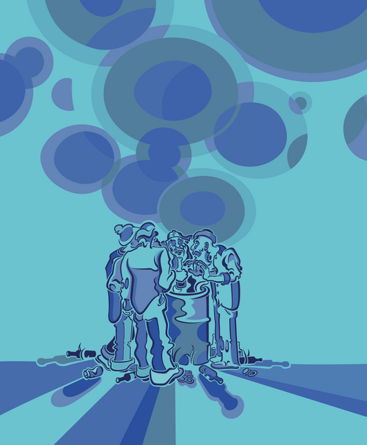 Abner Harris - Hobos (Blue) - Verbatim reference to image_b31497.jpg: A social realism scene featuring figures huddled around a barrel fire, rendered in a monochromatic blue pop surrealist style with geometric smoke patterns. Available as giclee, acrylic glass, and vinyl sticker.