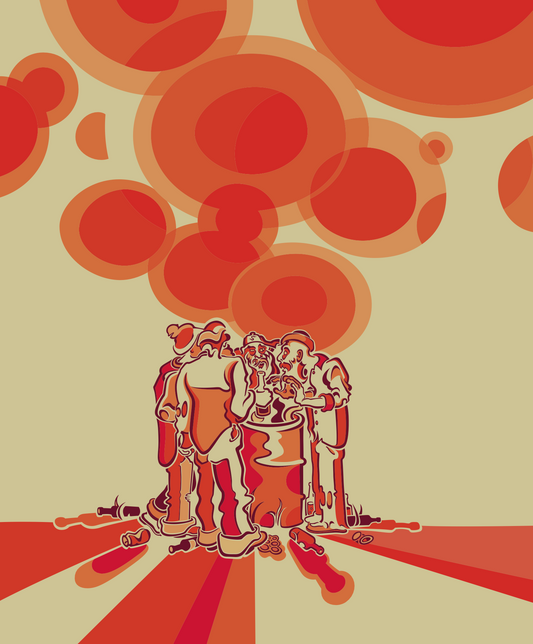 Abner Harris - Hobos (Light) - Verbatim reference to Screenshot 2026-04-29 at 1.35.53.jpg: A stylized group of figures huddled around a barrel fire with rising orange circular smoke patterns against a neutral background. Available as giclee, acrylic glass, and vinyl sticker.