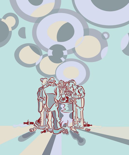 Abner Harris - Hobos (Pale) - Verbatim reference to Screenshot 2026-04-29 at 1.40.12.jpg: A stylized group of figures huddled around a barrel fire with rising lavender and grey circular smoke patterns against a pale blue-green background. Available as giclee, acrylic glass, and vinyl sticker.