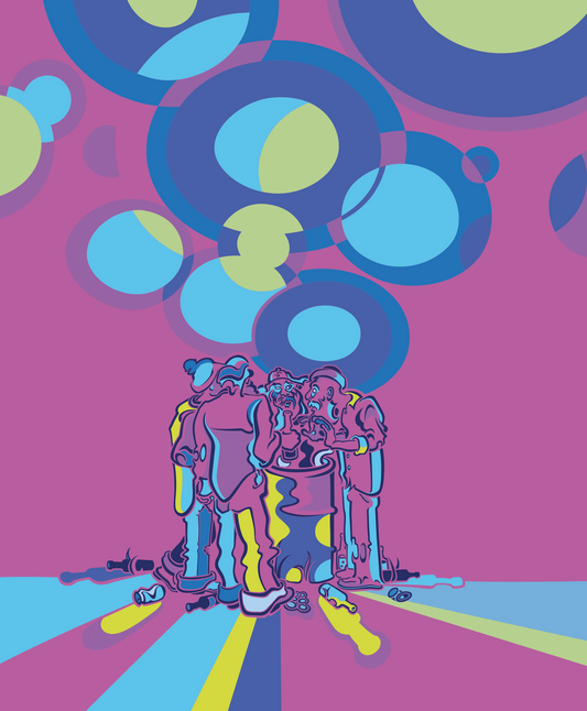 Abner Harris - Hobos (Pink) - A poignant social realism scene of figures huddled around a barrel fire, rendered in a bold pop surrealist style with vibrant pink, blue, and cyan tones. Available as giclée, acrylic glass, and vinyl sticker.
