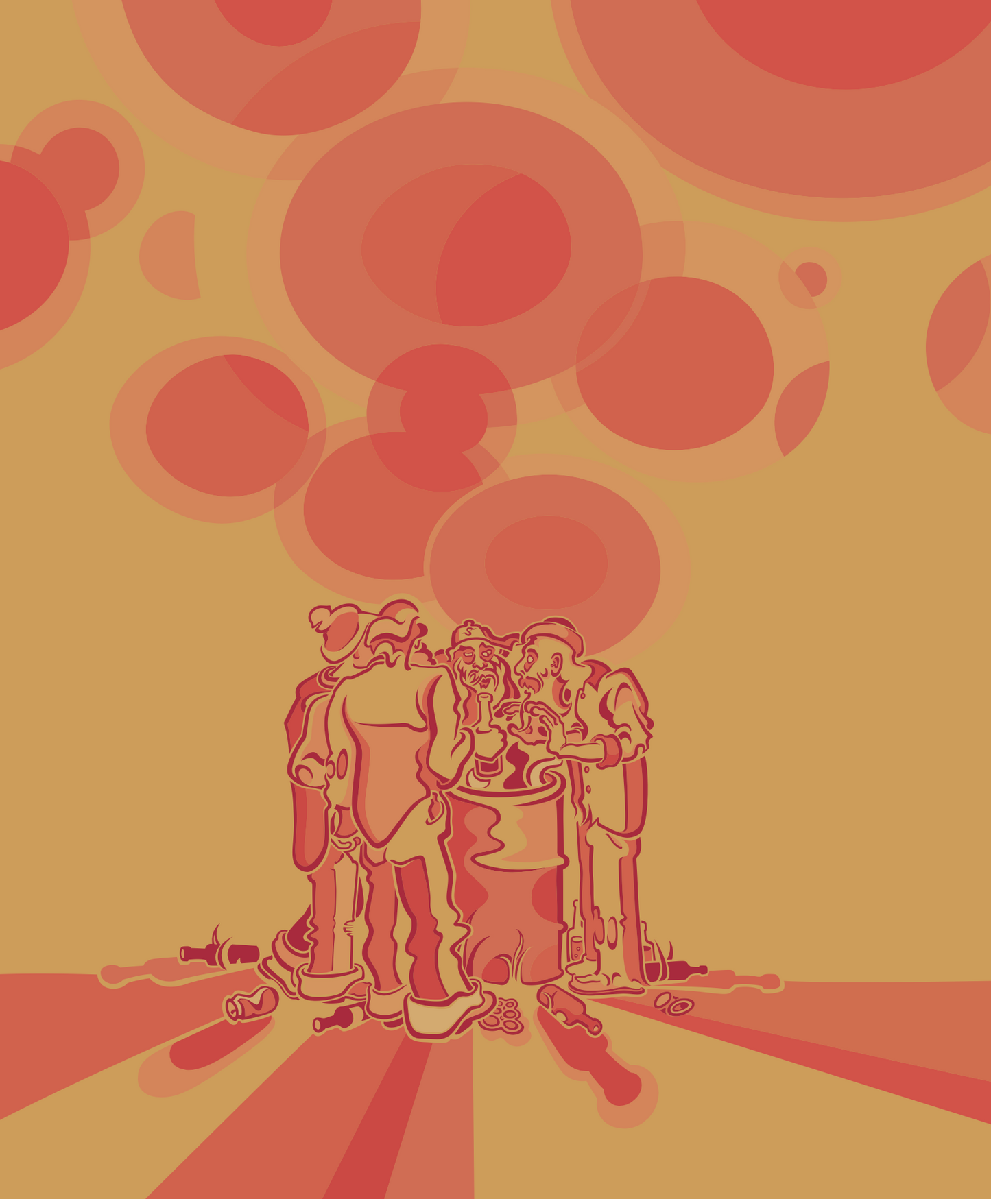 Abner Harris - Hobos - A stylized, monochromatic illustration in terracotta and tan tones depicting a group of figures gathered around a barrel fire. The composition features rhythmic, circular smoke patterns rising into a warm background. Available as a premium vinyl sticker or a sleek, high-definition acrylic glass print with a modern narrative edge.