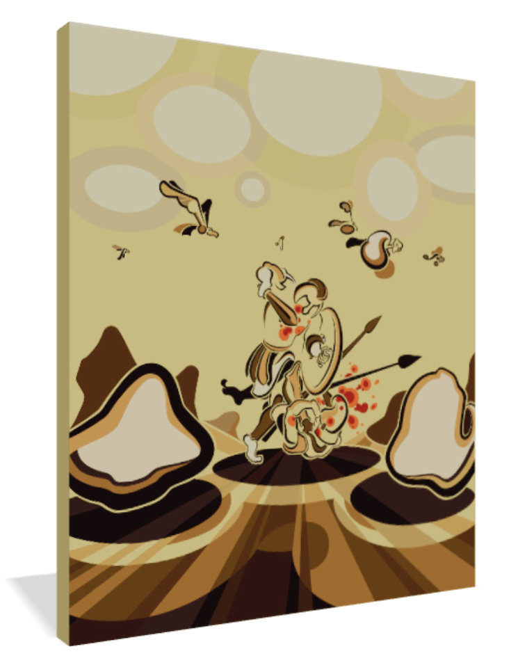 Abner Harris - Hoplite - A 3/4 perspective view of the museum-quality Giclée canvas print. This angle highlights the archival canvas texture and the seamless wrap of the intricate, stylized warrior design around the edges. The warm earth tones and bold graphic energy make it a striking statement piece for contemporary home or office decor.