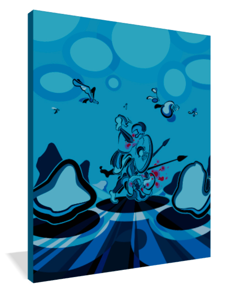 Abner Harris - Hoplite (Blue) - 3/4 side view displaying the premium texture of giclee canvas, the depth of acrylic glass, or the finish of a high-quality vinyl sticker.