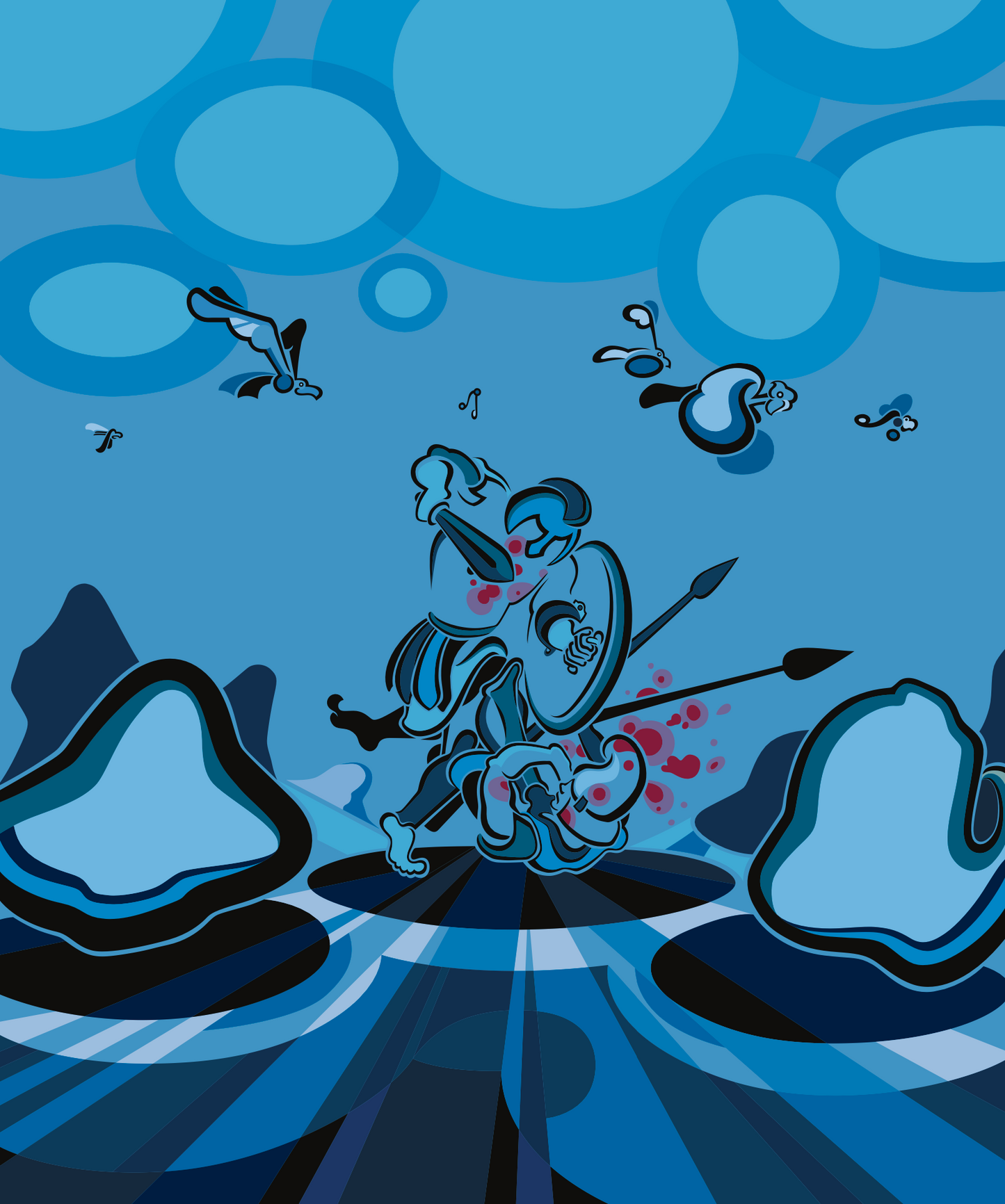 Abner Harris - Hoplite (Blue) -  A kinetic illustration of an ancient Greek warrior in mid-combat, featuring a hoplite shield and spear rendered in a blue-toned pop surrealist style. Available as giclee, acrylic glass, and vinyl sticker.