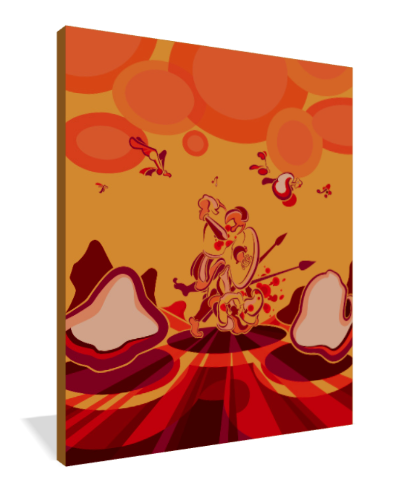 Abner Harris - Hoplite (Red) - 3/4 side view displaying the premium texture of giclee canvas, the depth of acrylic glass, or the finish of a high-quality vinyl sticker.