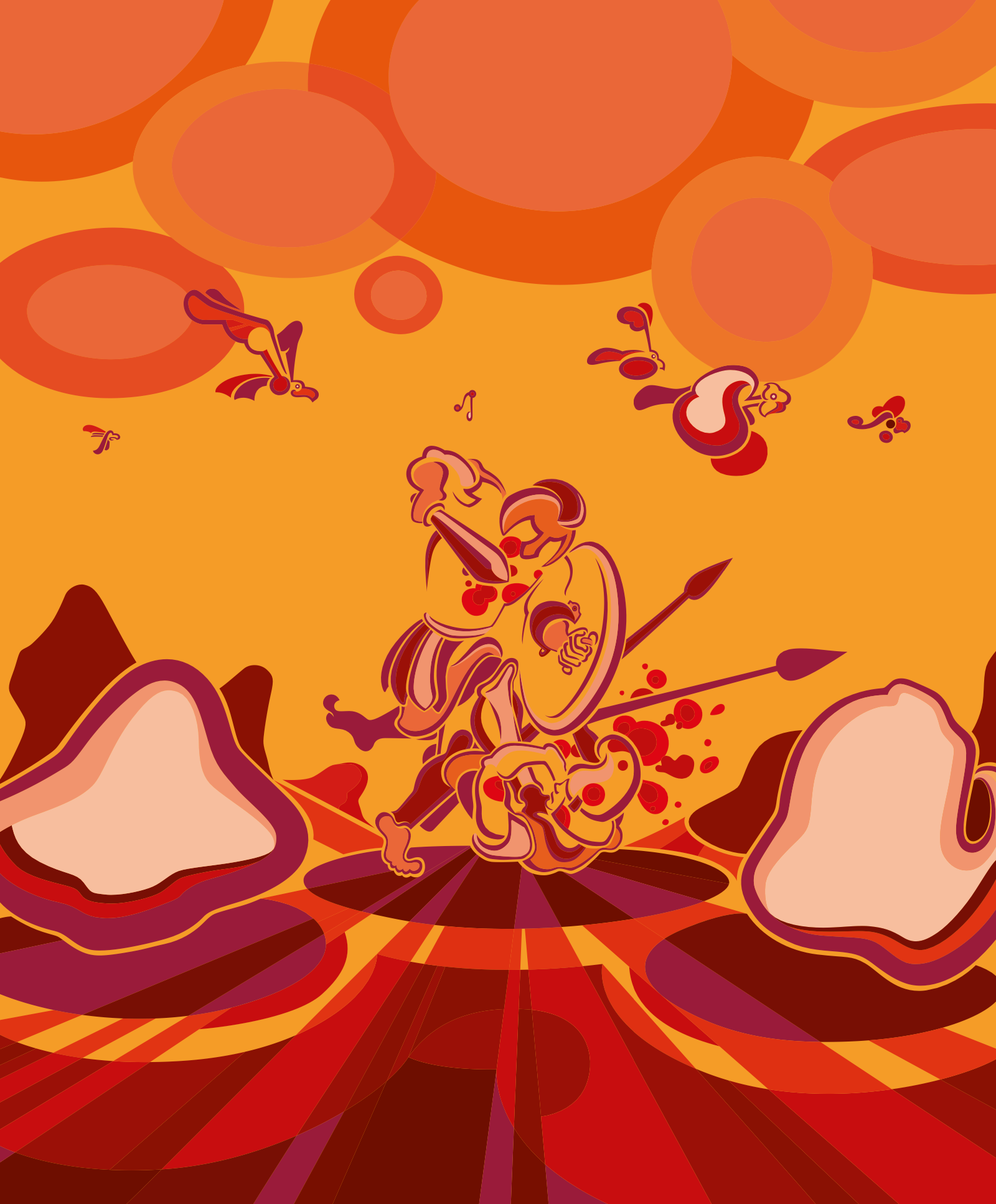 Abner Harris - Hoplite (Red) - Verbatim reference to image_b4e78f.jpg: A dynamic depiction of an ancient Greek hoplite warrior in the heat of battle, rendered in a fiery red, orange, and gold pop surrealist style with geometric sky patterns. Available as giclee, acrylic glass, and vinyl sticker.