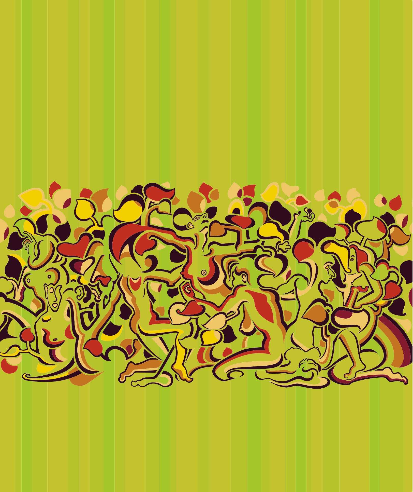 Abner Harris - Lady Stripe (Green) - A vibrant pop surrealist composition featuring a horizontal band of stylized nude female figures and autumnal leaf shapes set against a background of vertical lime and chartreuse green stripes. Available as giclee, acrylic glass, and vinyl sticker.