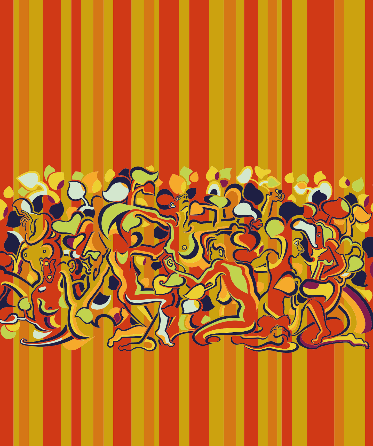 Abner Harris - Lady Stripe (Orange) - A decorative pop art piece featuring a frieze of stylized female silhouettes and autumn leaves against a rhythmic background of vertical orange, yellow, and red stripes. Available as giclee, acrylic glass, and vinyl sticker.