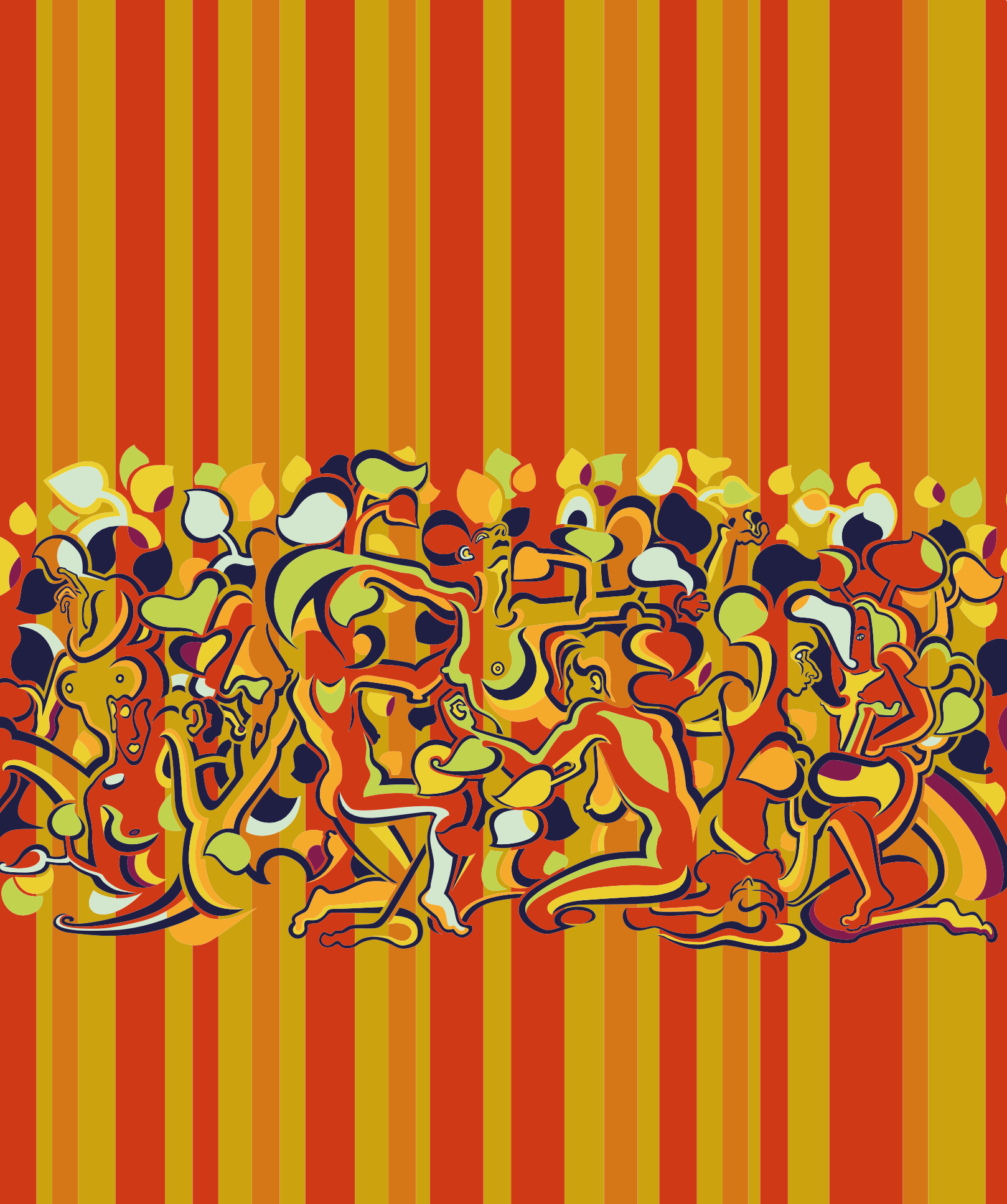 Abner Harris - Lady Stripe (Orange) - A decorative pop art piece featuring a frieze of stylized female silhouettes and autumn leaves against a rhythmic background of vertical orange, yellow, and red stripes. Available as giclee, acrylic glass, and vinyl sticker.