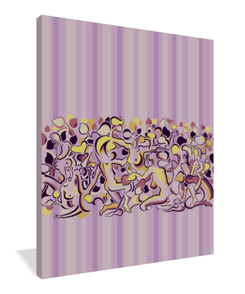 Abner Harris - Lady Stripe (Pink) - A 3/4 perspective view of the museum-quality Giclée canvas print, highlighting the archival texture and the seamless wrap of the lavender and gold illustration around the edges. This view emphasizes the intricate graphic line work and the sophisticated, vintage-inspired charm of the pinstripe composition.
