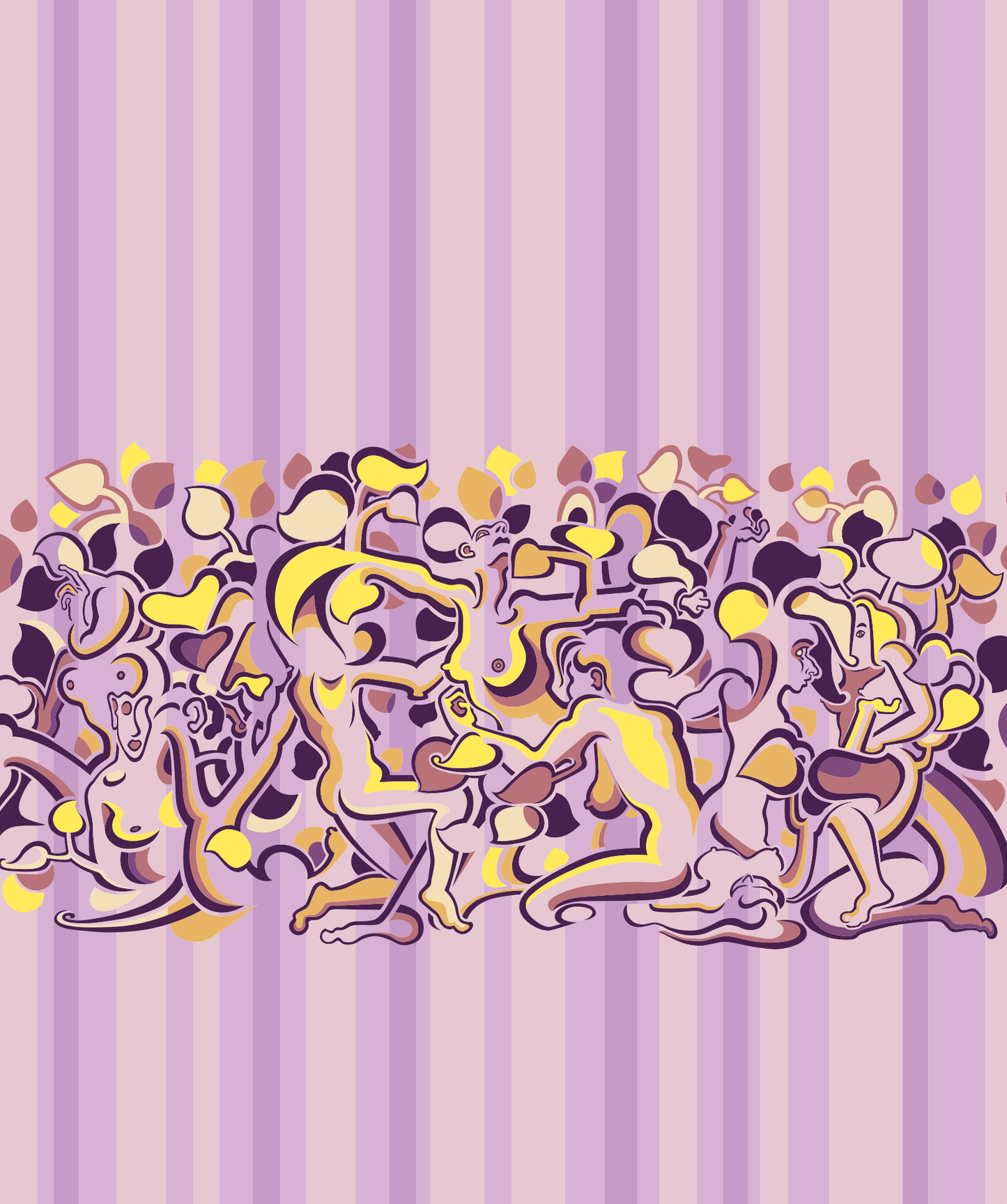 Abner Harris - Lady Stripe (Pink) - A rhythmic, horizontal frieze of intertwined female figures and organic leaf motifs. The design features a delicate palette of lavender, gold, and plum set against a classic pink vertical pinstripe background. Available as a high-definition acrylic glass print or a premium vinyl sticker with a modern decorative aesthetic.