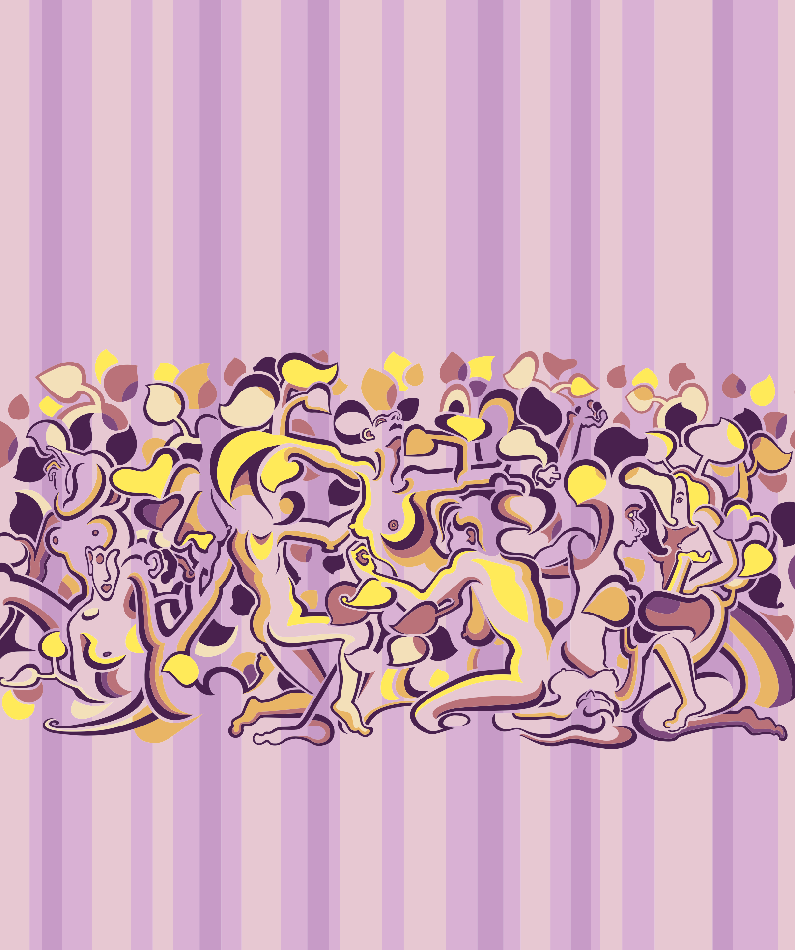 Abner Harris - Lady Stripe (Pink) - A rhythmic, horizontal frieze of intertwined female figures and organic leaf motifs. The design features a delicate palette of lavender, gold, and plum set against a classic pink vertical pinstripe background. Available as a high-definition acrylic glass print or a premium vinyl sticker with a modern decorative aesthetic.