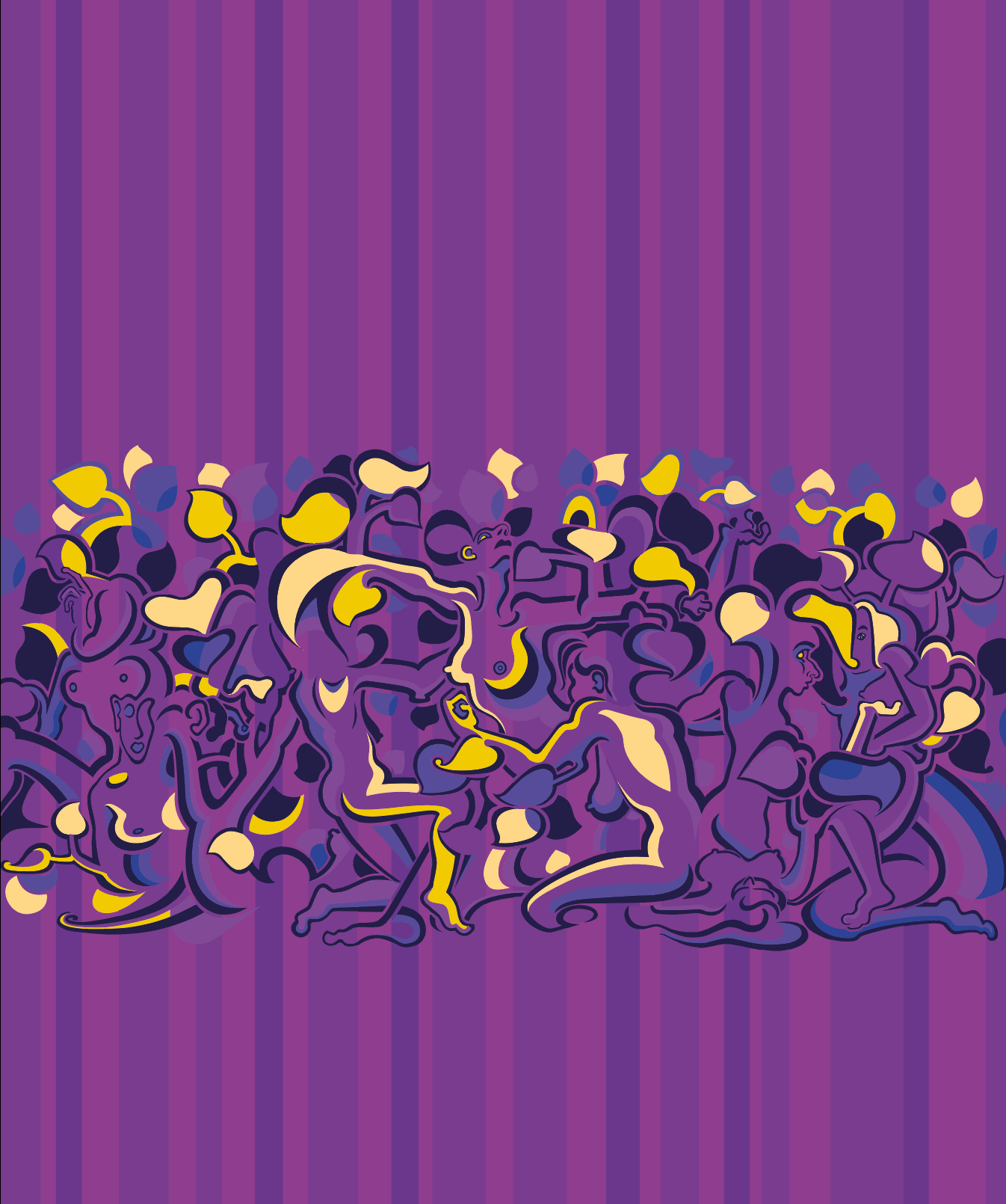 Abner Harris - Lady Stripe (Violet) - A rhythmic figurative illustration featuring a dense band of intertwined female forms and golden leaves set against a background of vertical violet and amethyst stripes. Available as giclee, acrylic glass, and vinyl sticker.