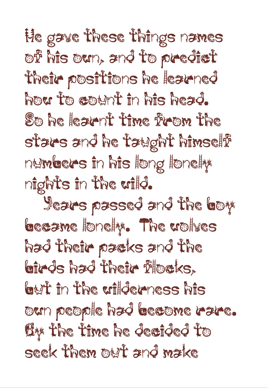 The text on this page describes the boy teaching himself numbers and counting in his head during long nights. Unlike previous pages, the background here is a clean, stark white, emphasizing the isolation of the boy as he realizes humans have become rare in his world.