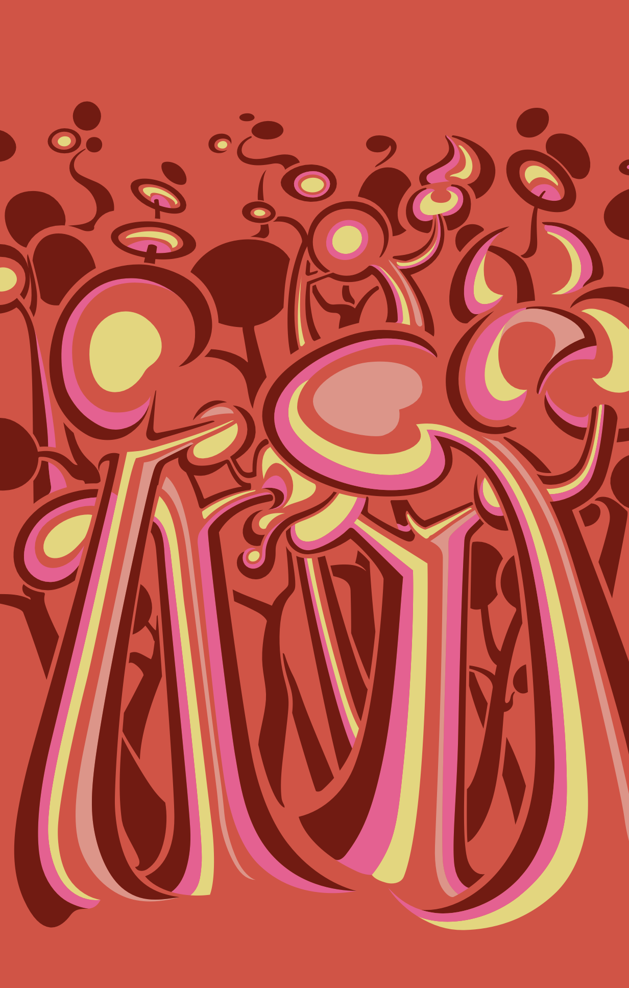 Abner Harris - Little Red Tree Stripe - A stylized abstract botanical illustration featuring tall, slender trees with rhythmic pink, red, and yellow stripes. The composition uses flowing, organic lines and circular canopy shapes in a warm terracotta palette. Available as giclee, acrylic glass, and vinyl sticker.