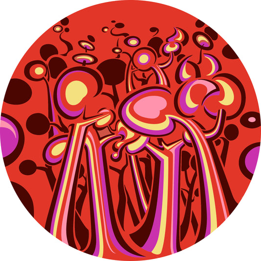 Abner Harris - Little Red Tree Stripe - Circular vinyl sticker featuring stylized, striped trees with organic round canopies in red, pink, yellow, and purple against a vibrant red background.
