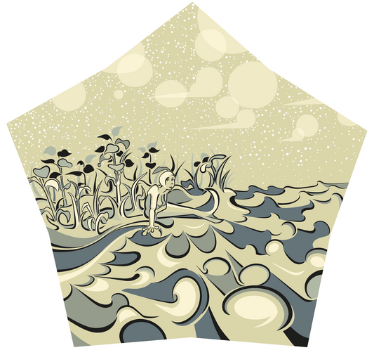 Abner Harris - Mermaid - A unique pentagonal vinyl sticker featuring a stylized mermaid resting among marsh plants by a churning sea. The design uses rhythmic, flowing lines and a muted palette of cream, slate blue, and charcoal against a speckled sky. Available as a high-quality collectible decal.