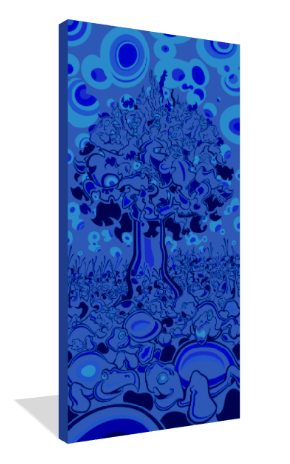 Abner Harris - Monkey Tree (Blue) - 3/4 side view displaying the premium texture of giclee canvas, the depth of acrylic glass, or the finish of a high-quality vinyl sticker.