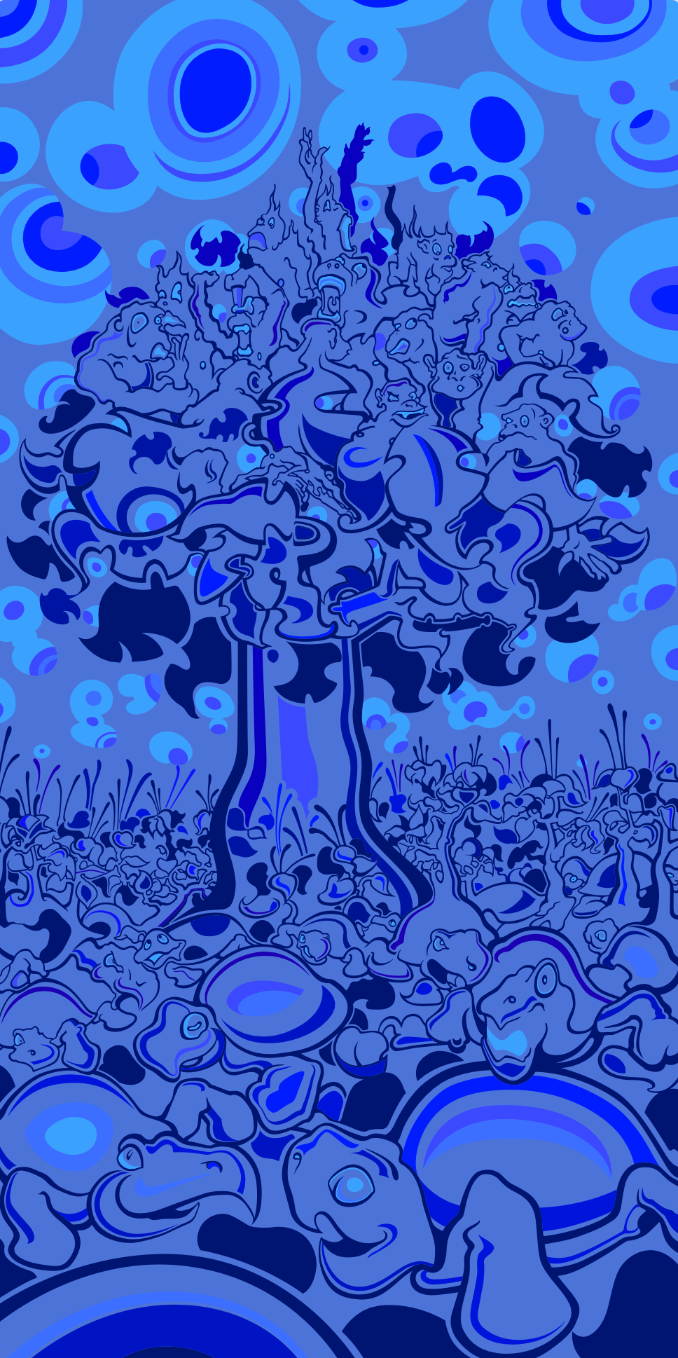 Abner Harris - Monkey Tree (Blue) - A towering, blue-toned "tree of life" composed of intricately interlocking monkeys and primates, set within a surreal landscape of biomorphic shapes and geometric sky patterns. Available as giclee, acrylic glass, and vinyl sticker.