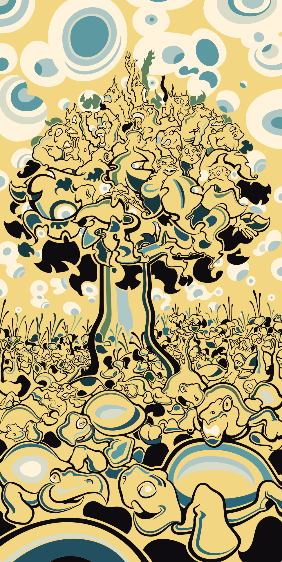 Abner Harris - Monkey Tree - A complex psychedelic eco-surrealist illustration featuring a dense tree canopy formed by interlocking monkeys and primates. The palette is a mix of creamy yellow, deep teal, and black, set against a background of concentric circular clouds. Available as giclee, acrylic glass, and vinyl sticker.