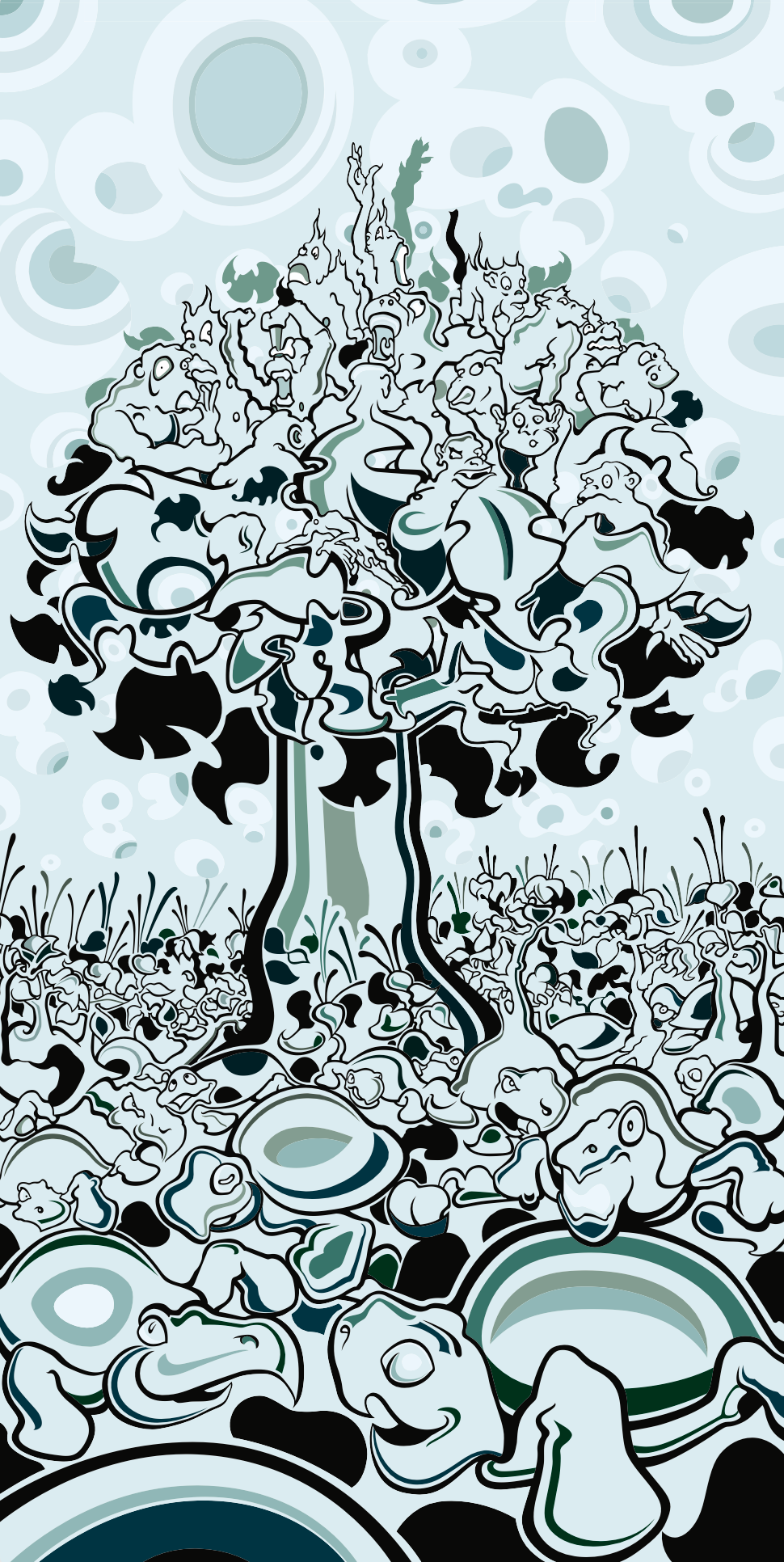 Abner Harris - Monkey Tree (pale) - Intricate cool-toned illustration of a tree formed by organic, monkey-like shapes in teal, mint, and black on a light blue patterned sky.